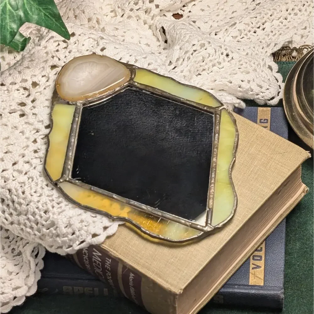 Handmade Vintage Stained Glass Mirror w Agate Stone Wall Hanging Boho Decor OOAK